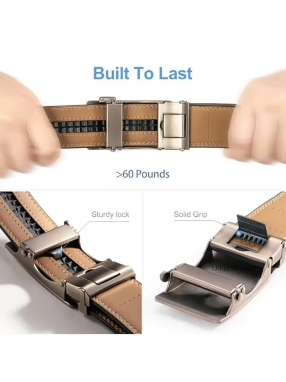 Genuine Leather Ratchet Belt Auto Buckle No-Hole Trim-to-Fit Adjustable Dress